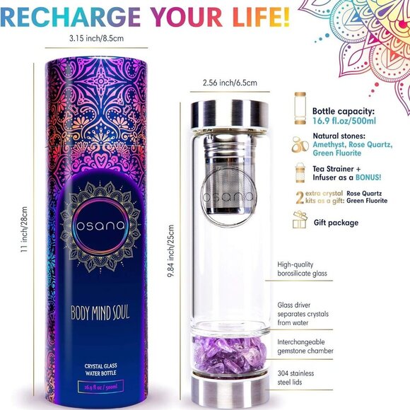 Crystal Water Bottle with 3 Changeable Healing Crystals - Amethyst, Rose Quartz, - Picture 2 of 6